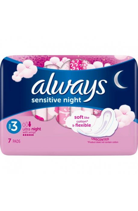 Wipes, sanitary towels - Always Sensitive Night Sanitary Napkins 7pcs Pink - 